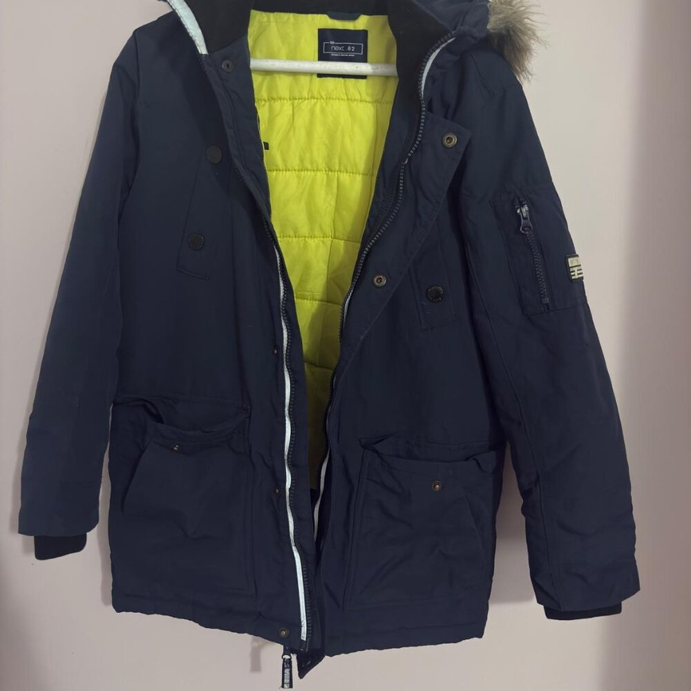 NEXT Kids Winter Parka Coat – Navy Hooded Jacket with Faux Fur Trim